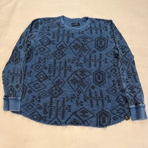 Lucky Brand Men XL Blue Geometric Aztec Thermal Waffle Knit Sweater Raw Hem Top-